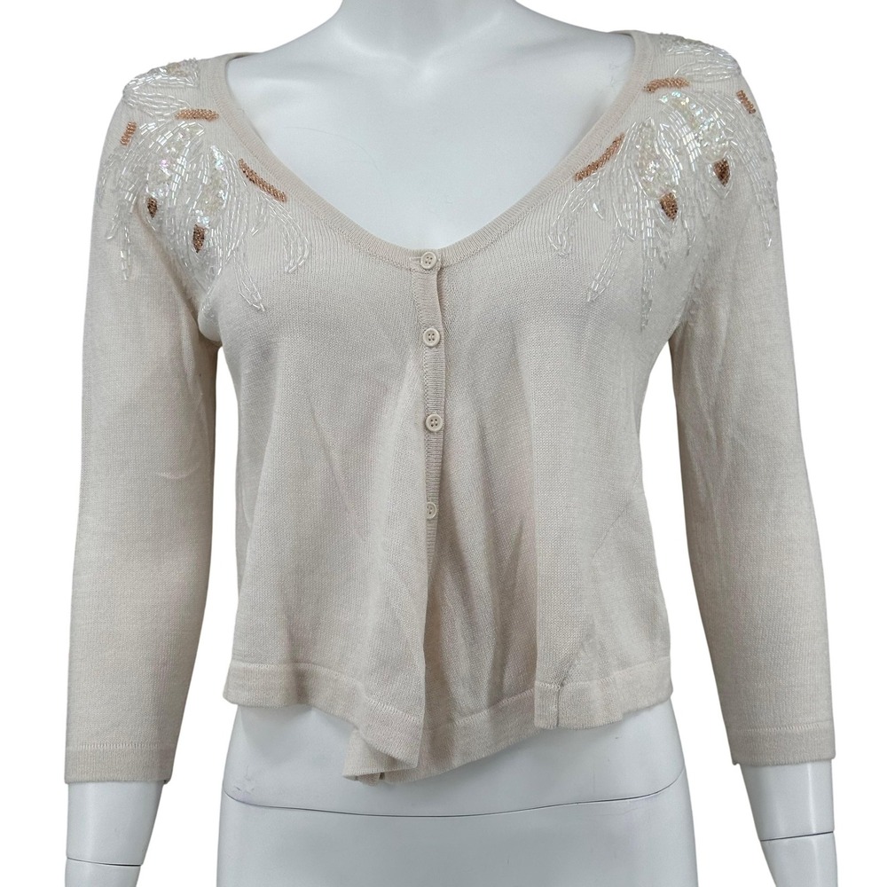 Free People‎ Sweater Womens Small Cream Beaded 3/4 Sleeve Cropped Cardigan Wool